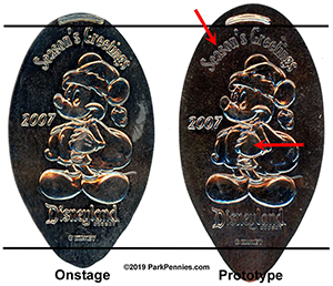 Comparison of the DL0422 onstage and the DNS0001 progressive prototype 2007 Season's Greetings Santa Mickey pressed coins. 