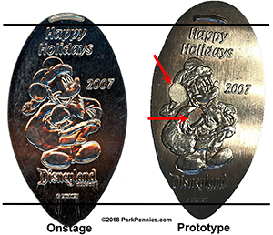 Comparison of the DNS0003 and DL0424 2007 Happy Holidays Santa Mickey pressed coins.