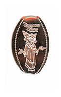 DR0239 Vending Style Hand-Crank Penny Press Machine Nick Wilde of Zootopia pressed penny.  Vertical image of Nick Wilde in a "what happened?" with arms extended and palms up pose, under a Downtown Disney® DISTRICT, ©DISNEY banner,  dot border. First reported onstage January 21, 2024. 