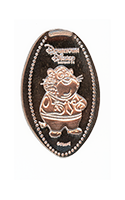 DR0240 Vending Style Hand-Crank Penny Press Machine Benjamin Clawhauser of Zootopia pressed penny.  Vertical image of  Benjamin Clawhauser smiling and happy, under a Downtown Disney® DISTRICT, ©DISNEY banner,   dot border. First reported onstage January 21, 2024. .
