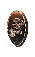 DR0243 Vending Style Penny Press Machine Wall-E with Potted Flower pressed penny. Vertical image of Wall-E holding a potted flower gift in his hand, ©DISNEY / PIXAR at the bottom of the design, dot border. 