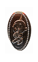 DR0246 Vending Style Penny Press Machine Jack-Jack Parr with Cookie pressed penny. Vertical image of Jack-Jack sittling on the ground eating a cookie, ©DISNEY / PIXAR at the bottom of the design, dot border.