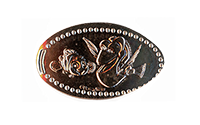 DR0248 Vending Style Penny Press Machine Nemo and Dory pressed penny. Horizontal image of Nemo and Dory smiling and swiming, ©DISNEY / PIXAR at the bottom of the design, dot border.