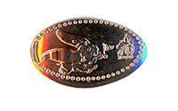 DR0250 Vending Style Penny Press Machine Dumbo, Flying and Holding a Pennant Flag with His Trunk, 70th Anniversary Logo, horizontal Disneyland Resort 70th Anniversary pressed penny image. Located in the World of Disney, Downtown Disney, Disneyland Resort, USA.  First reported onstage by May 16, 2025. 