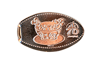DR0258 Vending Style Penny Press Machine Minnie and Mickey Mouse Riding a Teacup, 70th Anniversary Logo, horizontal Disneyland Resort 70th Anniversary pressed penny image.  Located near Wetzel's Pretzels & Salt & Straw in Downtown Disney, Disneyland Resort, USA. First reported onstage by May 19, 2025. 