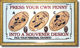 Disneyland Hotel pressed penny sign, Mickey, Pluto, Minnie. circa 1997.  Image courtesy of the Wooten Family.