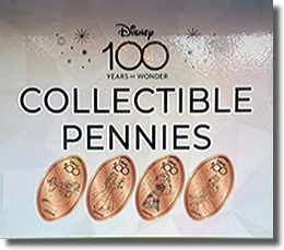 Marquee, Disneyland's 100 Years of Wonder pressed pennies guide numbers DR0213-216. Ariel, Bell, Moana and Tiana. Guide Numbers DR0213-216