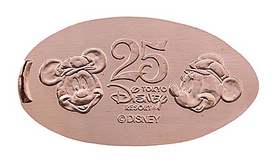 Mickey and Minnie Mouse Tokyo Disneyland 25th Anniversary medal or pressed penny coin.
