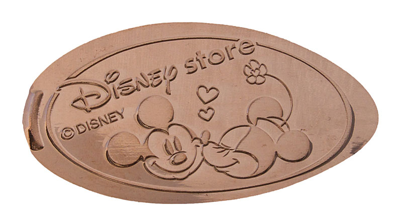 Mickey and Minnie with hearts,  pressed penny or medal