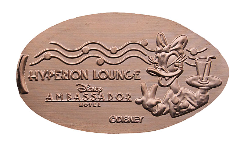 Hyperion Lounge pressed penny medal from Tokyo Disneyland with Daisy Duck.