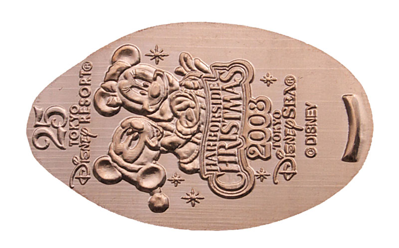 25th Anniversary Harborside Christmas 2008 Minnie and Mickey Mouse pressed penny medal.