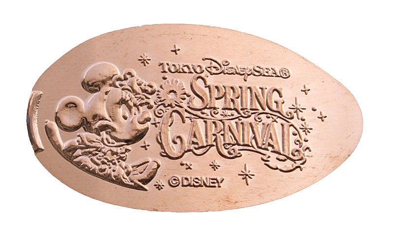 Nicely engraved Minnie Mouse Spring Carnival pressed souvenir from Tokyo Disneyland