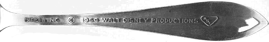 Disneyland Sleeping Beauty Castle  Sterling Silver Demitasse  "Tea"   Spoon handle with Sterling, © 1954, WDP and ASI  Hallmarks.  Reverse
