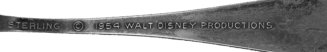 Disneyland Sleeping Beauty Castle Sterling Silver Sugar Shell "Tea" Spoon Handel, STERLING, © 1954, & WDP Hallmarks. Reverse