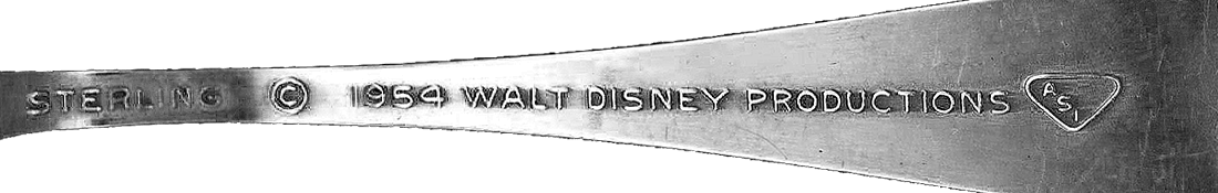Disneyland Sleeping Beauty Castle Sterling Silver Sugar Shell "Tea" Spoon Handle, STERLING, © 1954, WDP, & ASI Hallmarks. Reverse