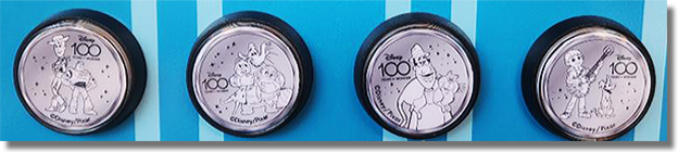 Disney California Adventure medallion machine button set #10 guide #s 38-41 Woody, Buzz, Bing Bong, Miguel and Joe Gardner. Bing Bongs Sweet Things, 1/27/2023