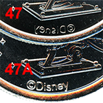 #47 / 47a comparison, mirror image © DISNEY and corrected © DISNEY Disneyland Resort's Disney 100 Years of Wonder Souvenir Medallion featuring Lilo and Stitch.