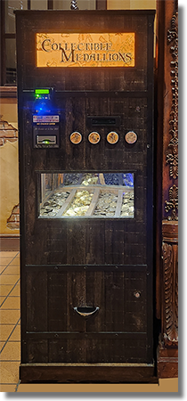 #98 Machine  Disneyland Resort Medallion Vending Machine  for Pirate Mickey, Pirate Minnie, Skeleton at the Helm and The Pig Pen Pirate. Medallion Guide Numbers 1, 2, 3, 98. Pieces of Eight Gift Shop, DLR 1-9-2024 