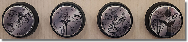 Buttons World of Disney Machine #1 Machine #20 Medallion #78-81 Ursula with Flotsam and Jetsam, Maleficent, Hades,  Jafar and Iago