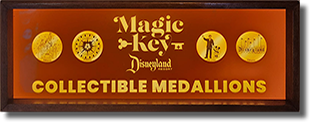 View a larger Image of the Magic Key themed Disneyland Resort medallions, a Castle, Pixar Pal-A-Round, Walt and Mickey Partners, and the classic Disneyland seven-flag sign.
