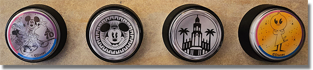 Buttons: Magic Key Terrace    Button 1: #222  Disneyland Resort 70th Anniversary silver Mickey and Minnie medallion (May 13, 2025) , Button 2: #292 Mickey Sun Rays (February 2, 2026) , Button 3:  #293 Carthay Circle Restaurant (February 2, 2026) and Button 4: #197  Duckey medallion (May 13, 2025.). February 2, 2026. 