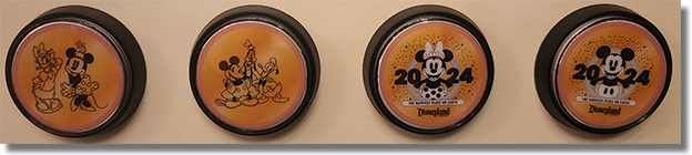 Disneyland medallion machine button set #94-97  medallion guide numbers 94-97,   Daisy &  Minnie, Mickey Goofy &  Donald, 2024 Minnie, 2024 Mickey