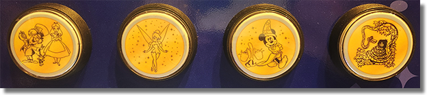 #111-114 Buttons Disneyland Hotel, Downtown Disney, The Mad Hatter & Alice, Tinker Bell, Sorcerer Mickey & Magic Broom, Mowgli & Kaa Disneyland Resort Souvenir Medallion. 1-9-2024 