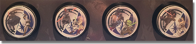 Button Set Star Wars Trading Post medallion #243-246: #243 Luke Skywalker with a reverse of Darth Vader, #244 Obi-Wan Kenobi & Qui-Gon Jinn with a reverse of Darth Maul, #245 Yoda with a reverse image of Emperor Palpatine, and #246 Rey with a reverse image of Kylo Ren. September 3, 2025.