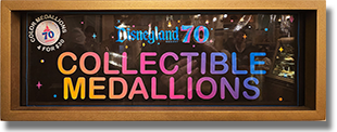 Marquee:  Candy Palace - Main Street Penny 70th Anniversary Colorized Arcade Medallions. Button 1: #252 70th Logo, Walt and Mickey, Partners with stars in the design field. Button 2: #253 70th Logo, Jiminy Cricket with stars in the design field. Button 3: #254 70th Logo, Classic Disneyland Seven Flag Roadside Marquee with stars in the design field. Button 4: #255 70th Logo, Mickey and Minnie Mouse with stars in the design field. December 25, 2025.