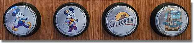 Buttons: Los Feliz Five & Dime Colorized 70th Anniversary medallions. Button 1: #284  Power Walking Mickey, Button 2: #285   Minnie Mouse in a Colorful Outfit, Button 3: #286  Disney's California Adventure Logo, Button 4: #287  Buena Vista Street Art. Onstage by February 2, 2026.  