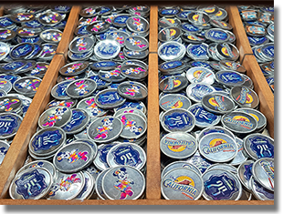 Window: Los Feliz Five & Dime Colorized 70th Anniversary medallions. Button 1: #284  Power Walking Mickey, Button 2: #285   Minnie Mouse in a Colorful Outfit, Button 3: #286  Disney's California Adventure Logo, Button 4: #287  Buena Vista Street Art. Onstage by February 2, 2026. 