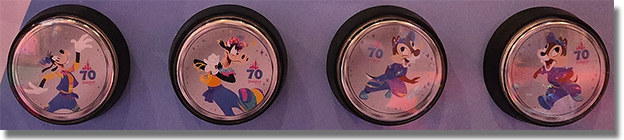 Buttons: Gone Hollywood Gifts  Button 1: #275 Excited Goofy Colorized Disneyland Resort 70th Anniversary medallion. Button 2: #276 Smitten Clarabelle Cow Colorized Disneyland Resort 70th Anniversary medallion.  Button 3: #277  Happy Running Dale Colorized Disneyland Resort 70th Anniversary medallion.   Button 4: #278  Happy Running Chip Colorized Disneyland Resort 70th Anniversary medallion. Onstage January 8, 2026. 