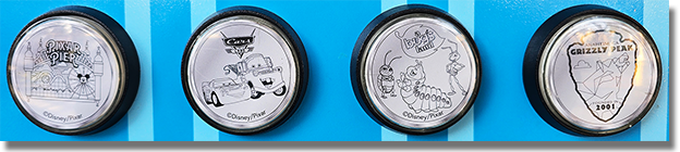 Button Set #288-291 Bing Bong's Sweet Stuff medallion machine  guide #288 Pixar Pier Disney California Adventure 25 Years Medallion. #289 Cars Lightning McQueen and Tow Mater Disney California Adventure 25 Years Medallion., #290 "a bug's life" with Francis, Heimlich, and Flik Disney California Adventure 25 Years Medallion., #291 ANAHEIM CA, GRIZZLY PEAK, FOUNDED IN 2001, Disney California Adventure 25 Years Medallion. February 2, 2026.