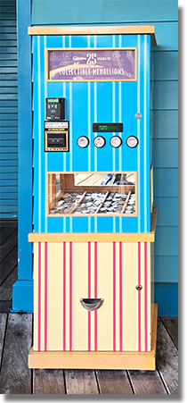 Machine#288-291 Bing Bong's Sweet Stuff medallion machine  guide #288 Pixar Pier Disney California Adventure 25 Years Medallion. #289 Cars Lightning McQueen and Tow Mater Disney California Adventure 25 Years Medallion., #290 "a bug's life" with Francis, Heimlich, and Flik Disney California Adventure 25 Years Medallion., #291 ANAHEIM CA, GRIZZLY PEAK, FOUNDED IN 2001, Disney California Adventure 25 Years Medallion. February 2, 2026. 