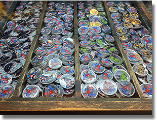 #295-298 Window, Marvel Characters  Thor, Captain America, Hulk, Thanos The Mad Titan Disneyland Resort Souvenir Medallions.  Collectors Warehouse / GotG-M:B, DCA. 3-17-2026.