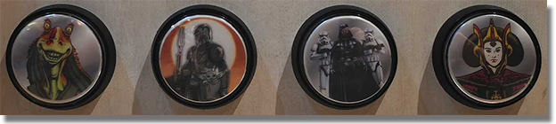 Buttons: Tomorrowland Star Wars Limited Time Release Medallions Button 1: #299 Jar Jar Binks,, Button 2: #300 Boba Fett, Button 3: #301 Darth Vader, Button 4: #302 Padmé Amidala. This medallion new machine was located near Star Trader / Space Mountain exit, Disneyland Park, USA.  This medallion machine was located near Star Trader / Space Mountain exit, Disneyland Park, USA. onstage by April 29, 2026.  
