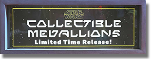 Marquee: Tomorrowland Star Wars Limited Time Release Medallions Button 1: #299 Jar Jar Binks,, Button 2: #300 Boba Fett, Button 3: #301 Darth Vader, Button 4: #302 Padmé Amidala. This medallion new machine was located near Star Trader / Space Mountain exit, Disneyland Park, USA.  This medallion machine was located near Star Trader / Space Mountain exit, Disneyland Park, USA. onstage by April 29, 2026.   