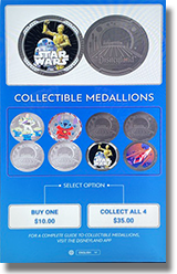 The new Space Mountain exit medallion designs are: A: #325 Buzz Lightyear B: #326 Stitch C: #327 C-3PO Star Wars D: #328 Space Mountain Rocket. Reported 9-4-2026.
