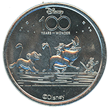 #48, Disneyland Resort's Disney 100 Years of Wonder Souvenir Medallion featuring Lion King's Simba and Pumbaa. 