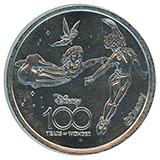 #49, Disneyland Resort's Disney 100 Years of Wonder Souvenir Medallion featuring Wendy and Peter Pan.