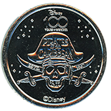 #69 Medallion, Disney 100 Years of Wonder Souvenir Medallion featuring Pirate Skull and Cross Bones. Part of machine set #17.