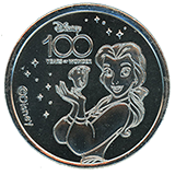 #75 Medallion, Disney 100 Years of Wonder Souvenir Medallion featuring Belle and Chip Potts. Part of machine set #19.