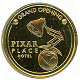 #127-130 REVERSE Design: Grand Opening, Pixar Lamp balancing on top of the Pixar Ball / Luxo Ball, Pixar Place Hotel.