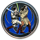 #244, Star Wars Jedi Knight Obi-Wan Kenobi and Jedi Master Qui-Gon Jinn versus a Darth Maul  reverse Star Wars Colorized Souvenir Medallion, Star Wars Trading Post, Downtown Disney, Disneyland Resort, USA. 9-3-2025.