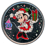 #248, Mrs. Santa Minnie Mouse Colorized Disneyland Resort 70th Anniversary Souvenir Medallion, Main Street Penny Arcade / Candy Palace, Disneyland Resort, USA. 11-4-2025.