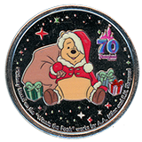 #249, Santa Winnie The Pooh Colorized Disneyland Resort 70th Anniversary Souvenir Medallion, Main Street Penny Arcade / Candy Palace, Disneyland Resort, USA. 11-4-2025.