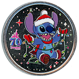 #250, Santa Stitch Colorized Disneyland Resort 70th Anniversary Souvenir Medallion, Main Street Penny Arcade / Candy Palace, Disneyland Resort, USA. 11-4-2025.