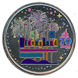 #254 Candy Palace / Main Street Penny Arcade classic Disneyland seven flag roadside marquee is surrounded by stars, Disneyland Resort colorized 70th Anniversary medallion.  Onstage by December 25, 2025