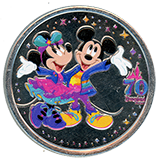 #255 Candy Palace / Main Street Penny Arcade Mickey and Minnie Mouse are surrounded by stars, Disneyland Resort colorized 70th Anniversary medallion.  Onstage by December 25, 2025.