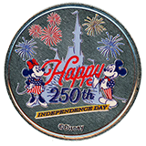 REVERSE, Colorized:  Candy Palace - Main Street Penny Arcade Colorized Medallions.  Button 1: #303 Happy 250th Independence Day, Mickey Mouse  and  Button 2: #304 Happy 250th Independence Day Minnie Mouse, June 14, 2026.  